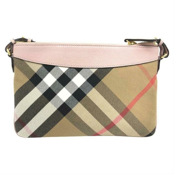 BURBERRY PEYTON SEQUIN HOUSE CHECK PINK METALLIC BROWN CANVAS CROSS BODY BAG - Picture 1 of 4